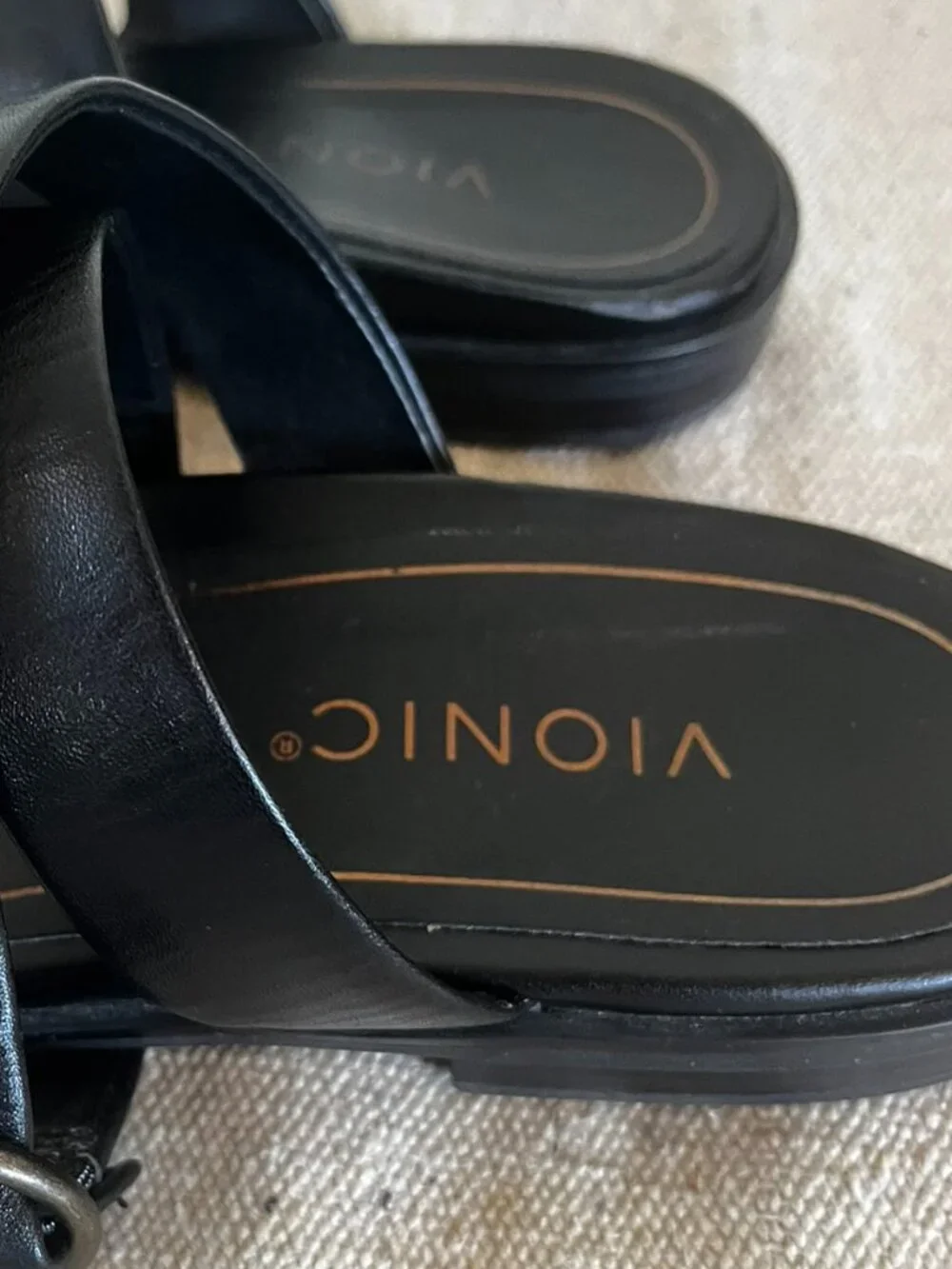 Vionic Black Leather Strappy Ankle Buckle Sandals